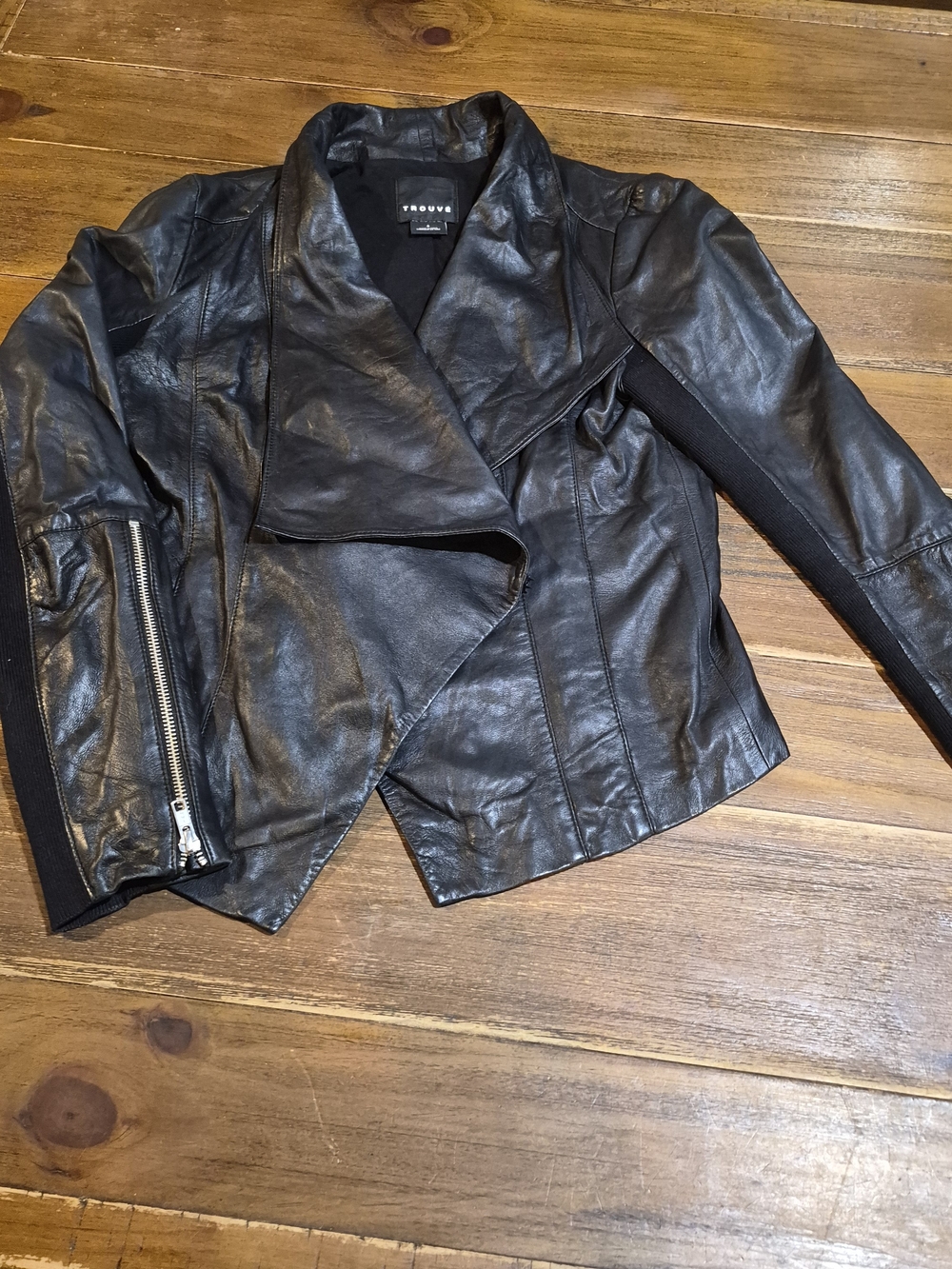 Trouve Nordstrom Black Genuine Leather Drape Front Moto Jacket S
